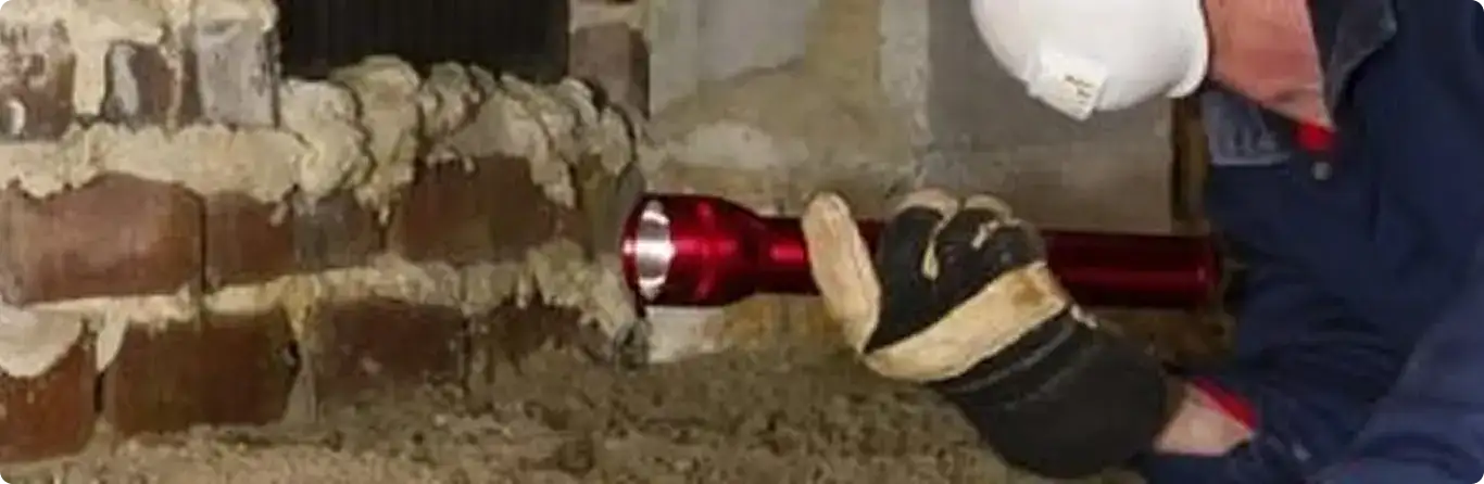 Pest control technician inspecting a crawl space for ant activity in De Pere, WI
