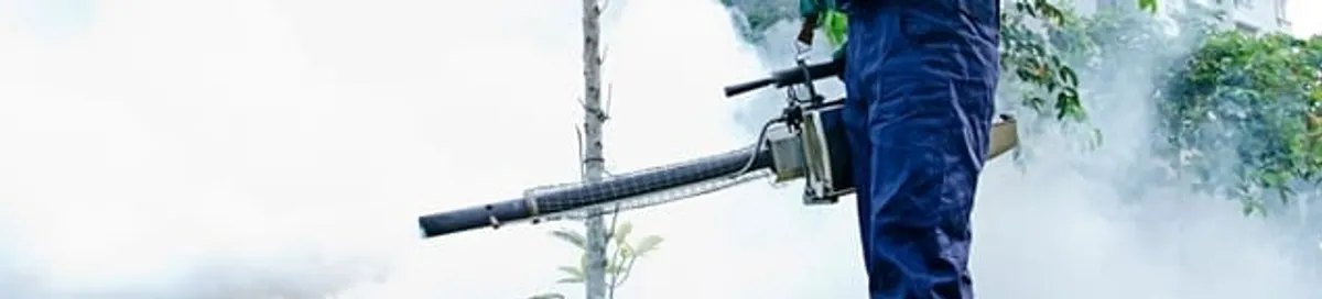Pest control technician fogging an outdoor area for insect control in Green Bay, WI