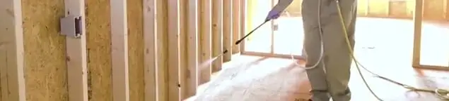 Termite treatment technician applying spray along framing and unfinished walls in Green Bay, WI